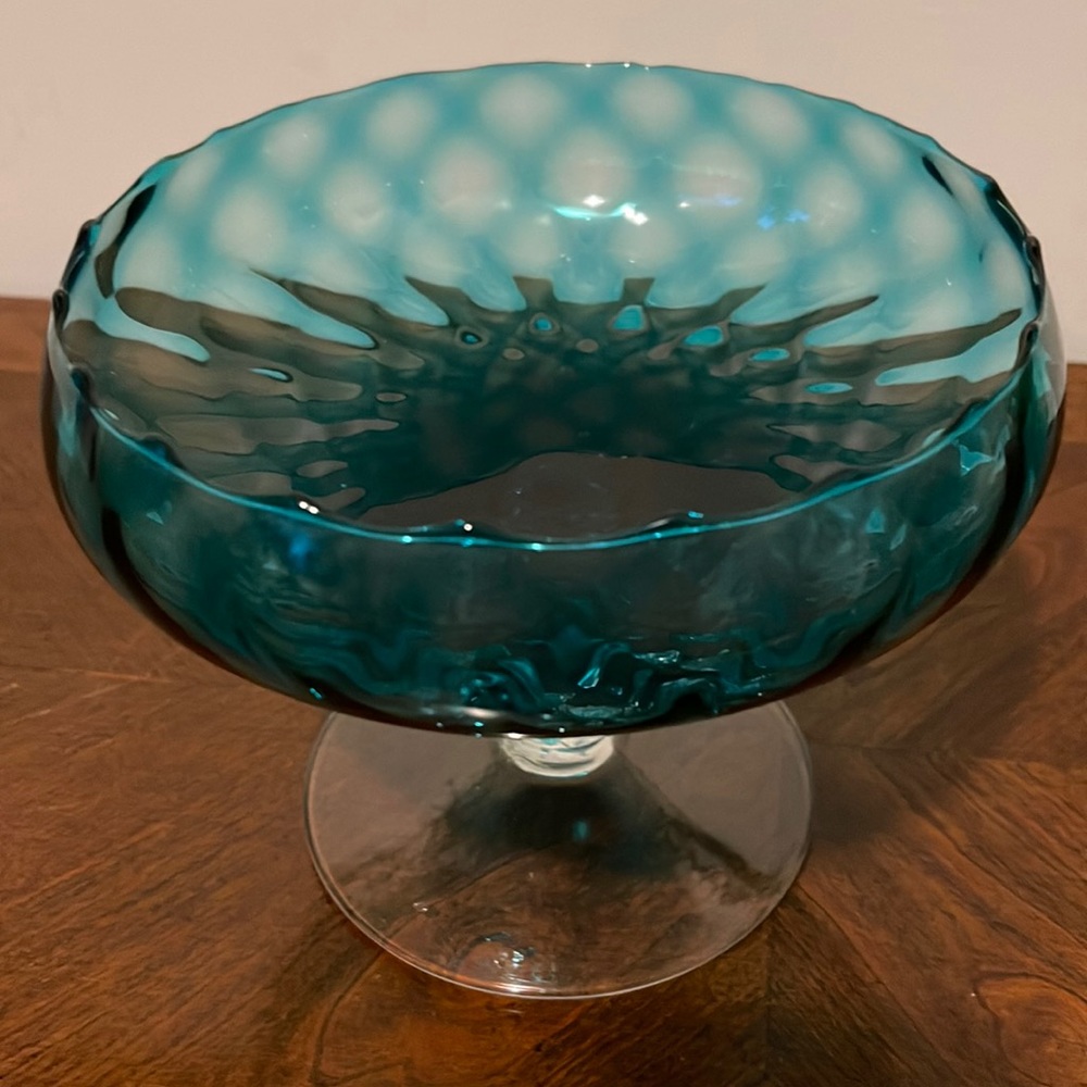 Vintage Italian Empoli Optical Turquoise Glass Compote